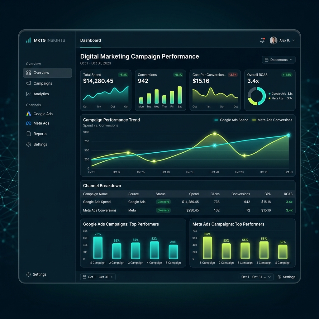 Digital Marketing Dashboard showing Meta/Google ads metrics