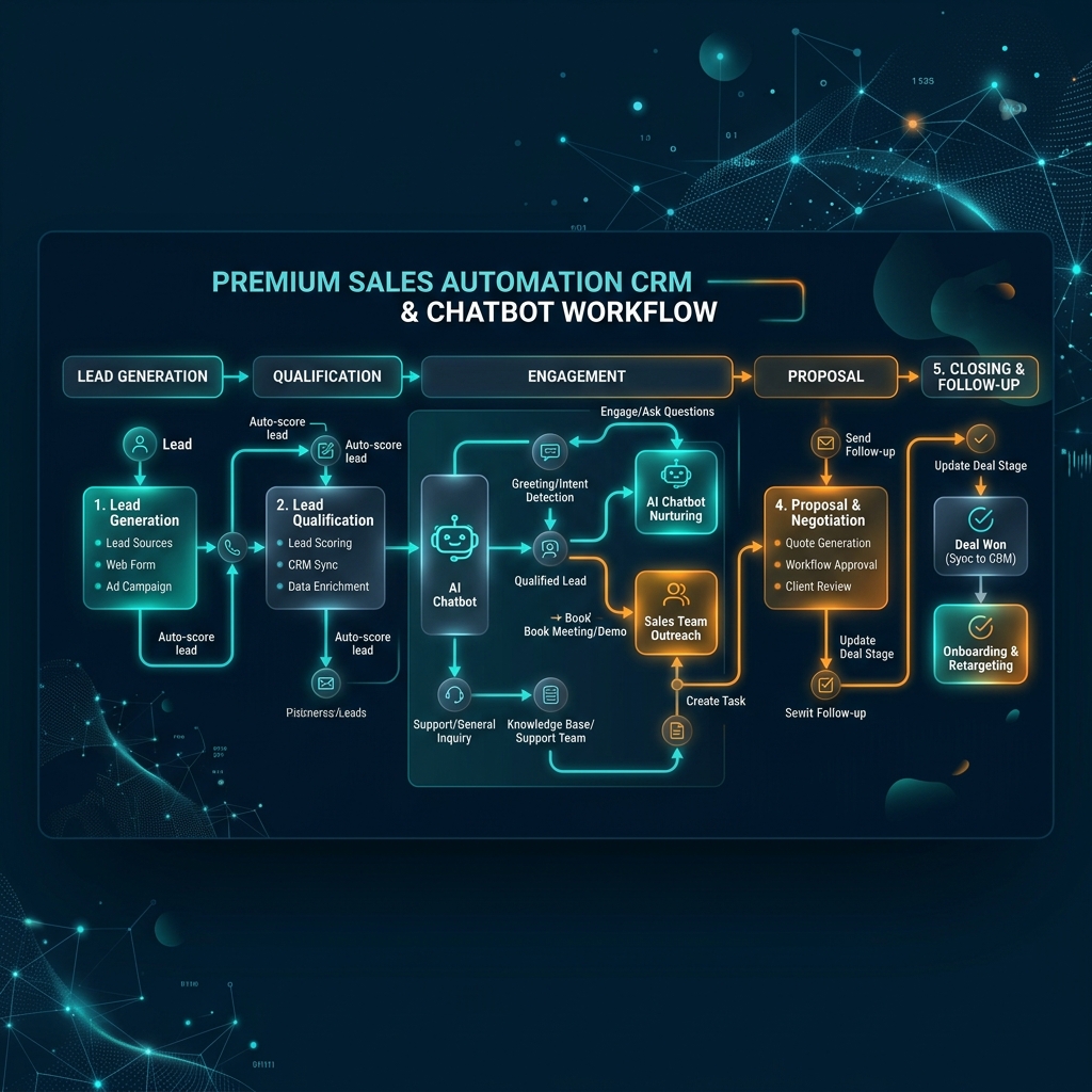 Sales Automation CRM and Chatbot Workflow diagram